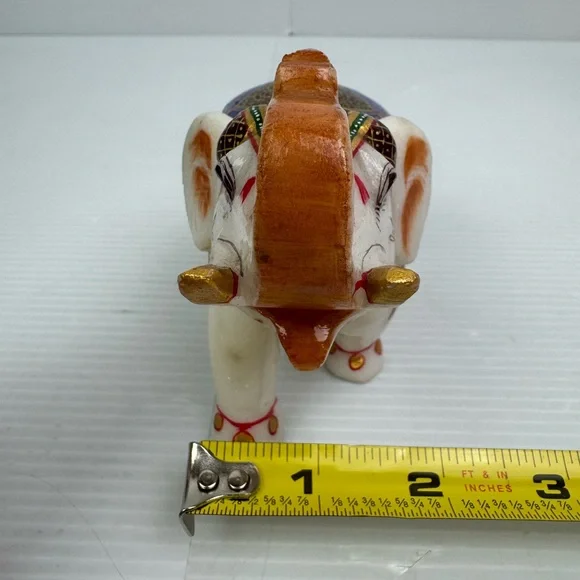 VTG White Marble Trunk Up Stone Hand Painted Elephant StatueHome Decor Gift